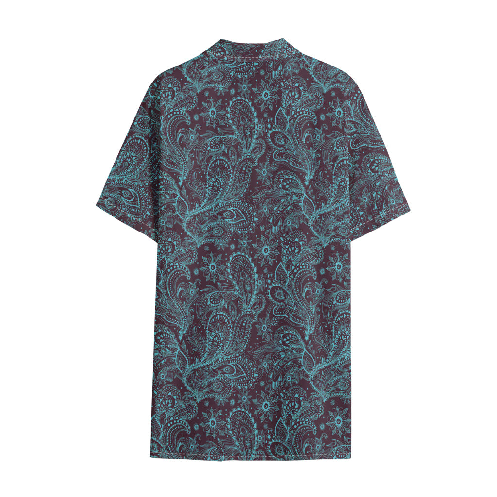 Turquoise Paisley Pattern Print Cotton Hawaiian Shirt