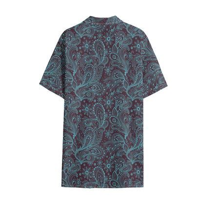 Turquoise Paisley Pattern Print Cotton Hawaiian Shirt