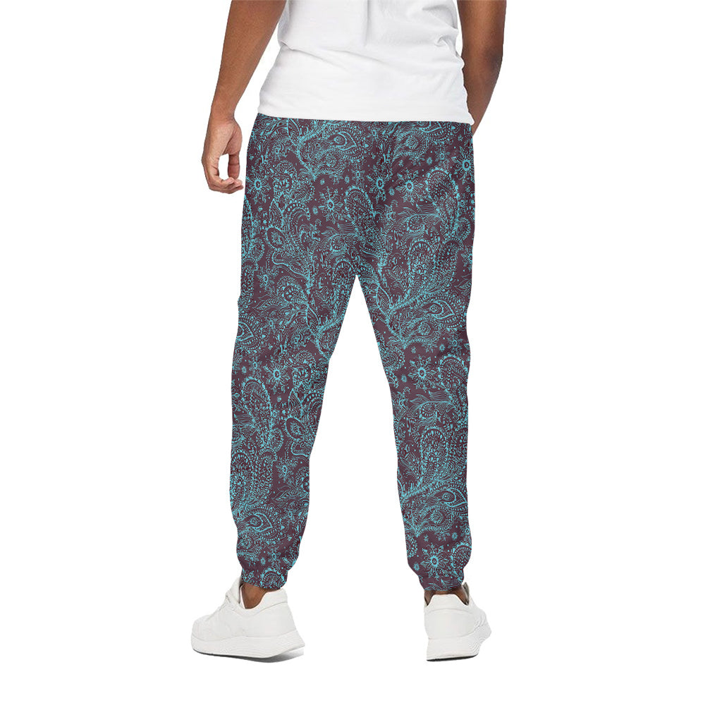 Turquoise Paisley Pattern Print Cotton Pants