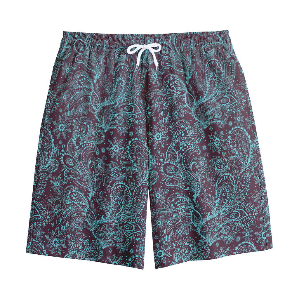 Turquoise Paisley Pattern Print Cotton Shorts