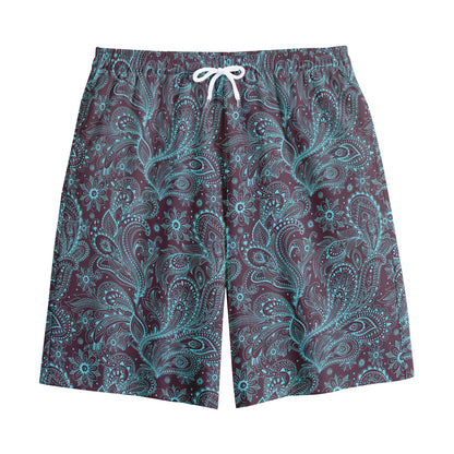 Turquoise Paisley Pattern Print Cotton Shorts
