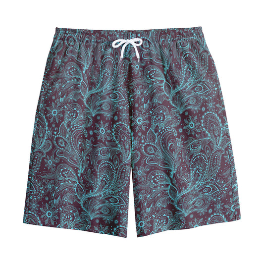 Turquoise Paisley Pattern Print Cotton Shorts