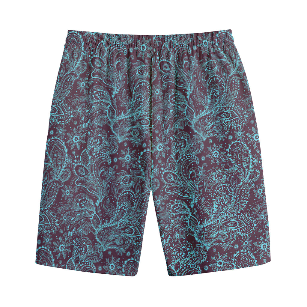 Turquoise Paisley Pattern Print Cotton Shorts