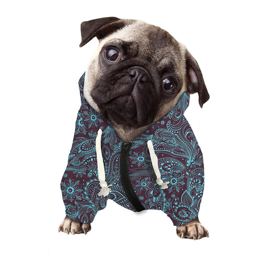 Turquoise Paisley Pattern Print Dog Zip Up Hoodie