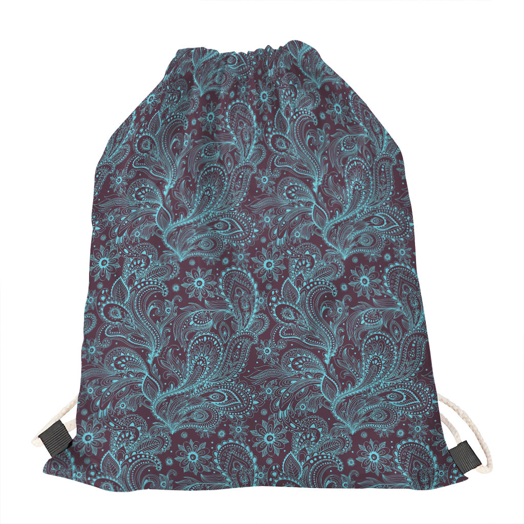 Turquoise Paisley Pattern Print Drawstring Bag