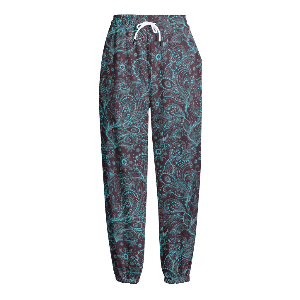 Turquoise Paisley Pattern Print Fleece Lined Knit Pants