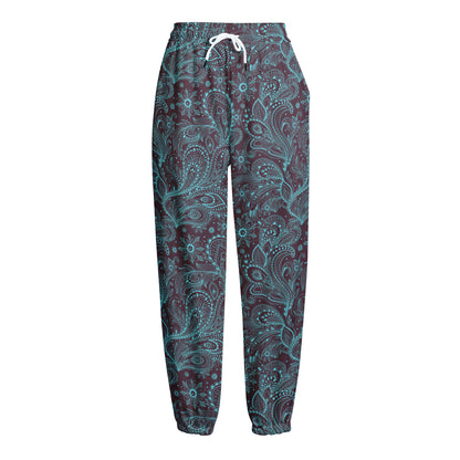 Turquoise Paisley Pattern Print Fleece Lined Knit Pants