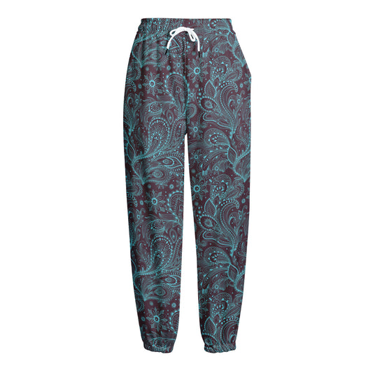 Turquoise Paisley Pattern Print Fleece Lined Knit Pants