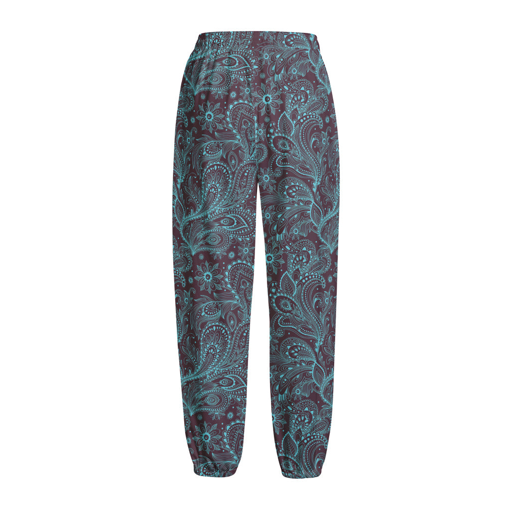 Turquoise Paisley Pattern Print Fleece Lined Knit Pants