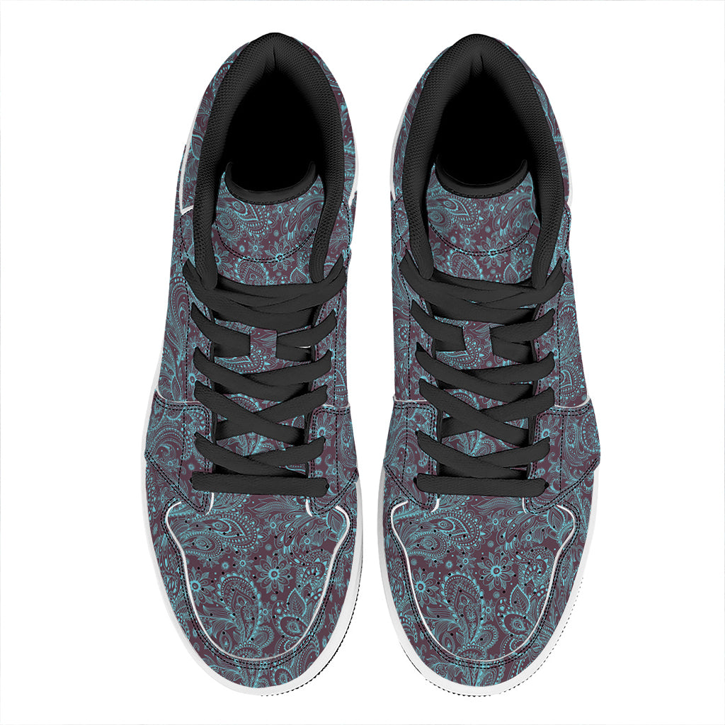Turquoise Paisley Pattern Print High Top Leather Sneakers