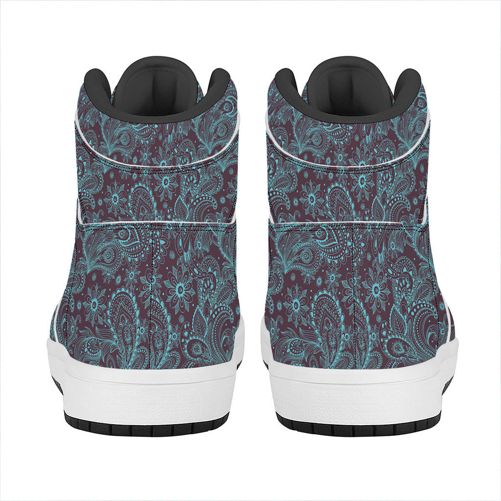 Turquoise Paisley Pattern Print High Top Leather Sneakers