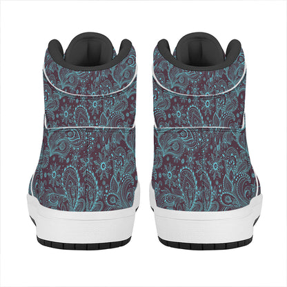 Turquoise Paisley Pattern Print High Top Leather Sneakers