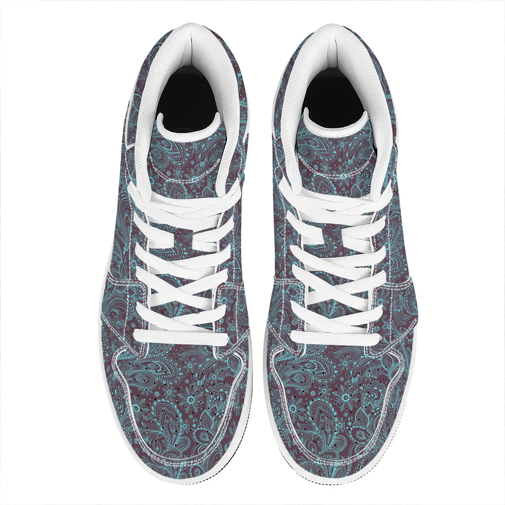 Turquoise Paisley Pattern Print High Top Leather Sneakers