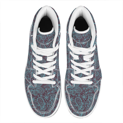 Turquoise Paisley Pattern Print High Top Leather Sneakers