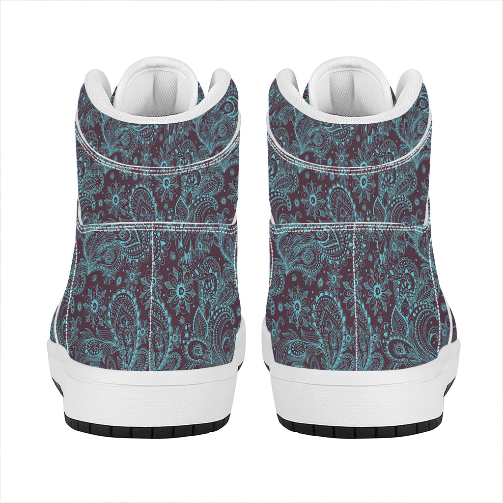 Turquoise Paisley Pattern Print High Top Leather Sneakers