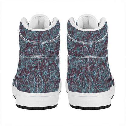 Turquoise Paisley Pattern Print High Top Leather Sneakers