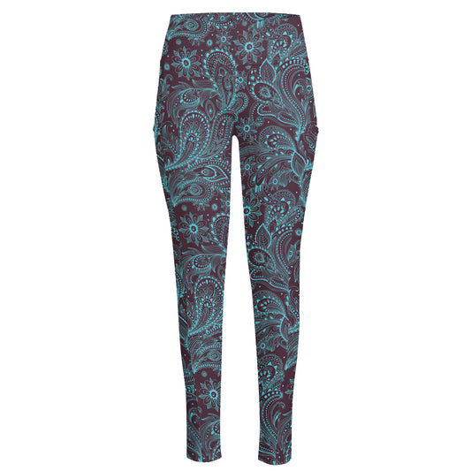 Turquoise Paisley Pattern Print High-Waisted Pocket Leggings