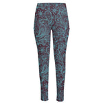 Turquoise Paisley Pattern Print High-Waisted Pocket Leggings