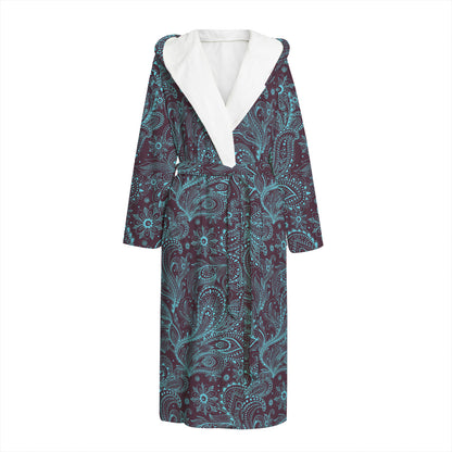 Turquoise Paisley Pattern Print Hooded Bathrobe