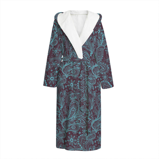 Turquoise Paisley Pattern Print Hooded Bathrobe