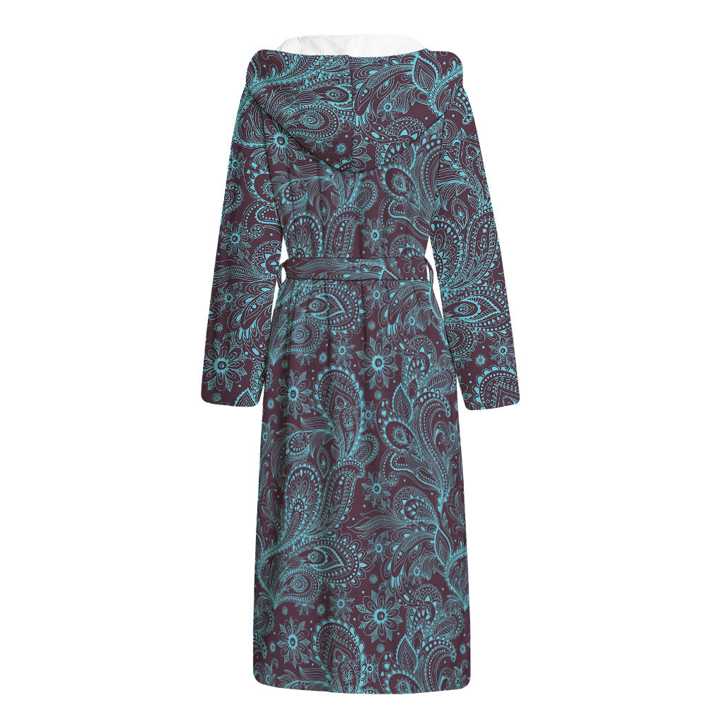 Turquoise Paisley Pattern Print Hooded Bathrobe