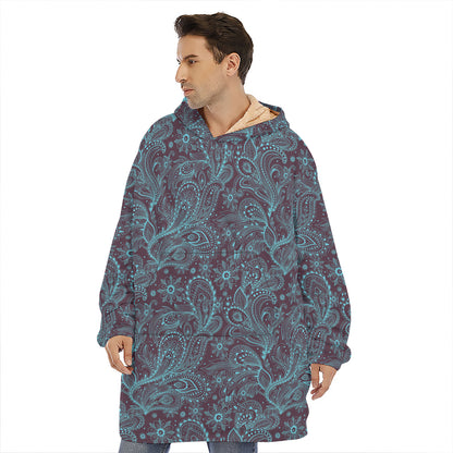 Turquoise Paisley Pattern Print Hoodie Blanket
