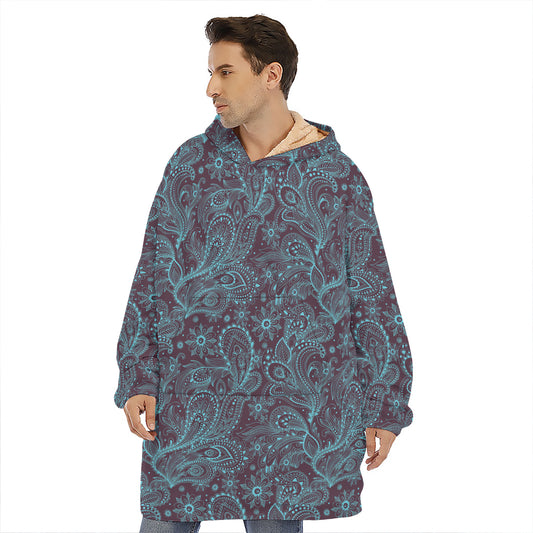 Turquoise Paisley Pattern Print Hoodie Blanket