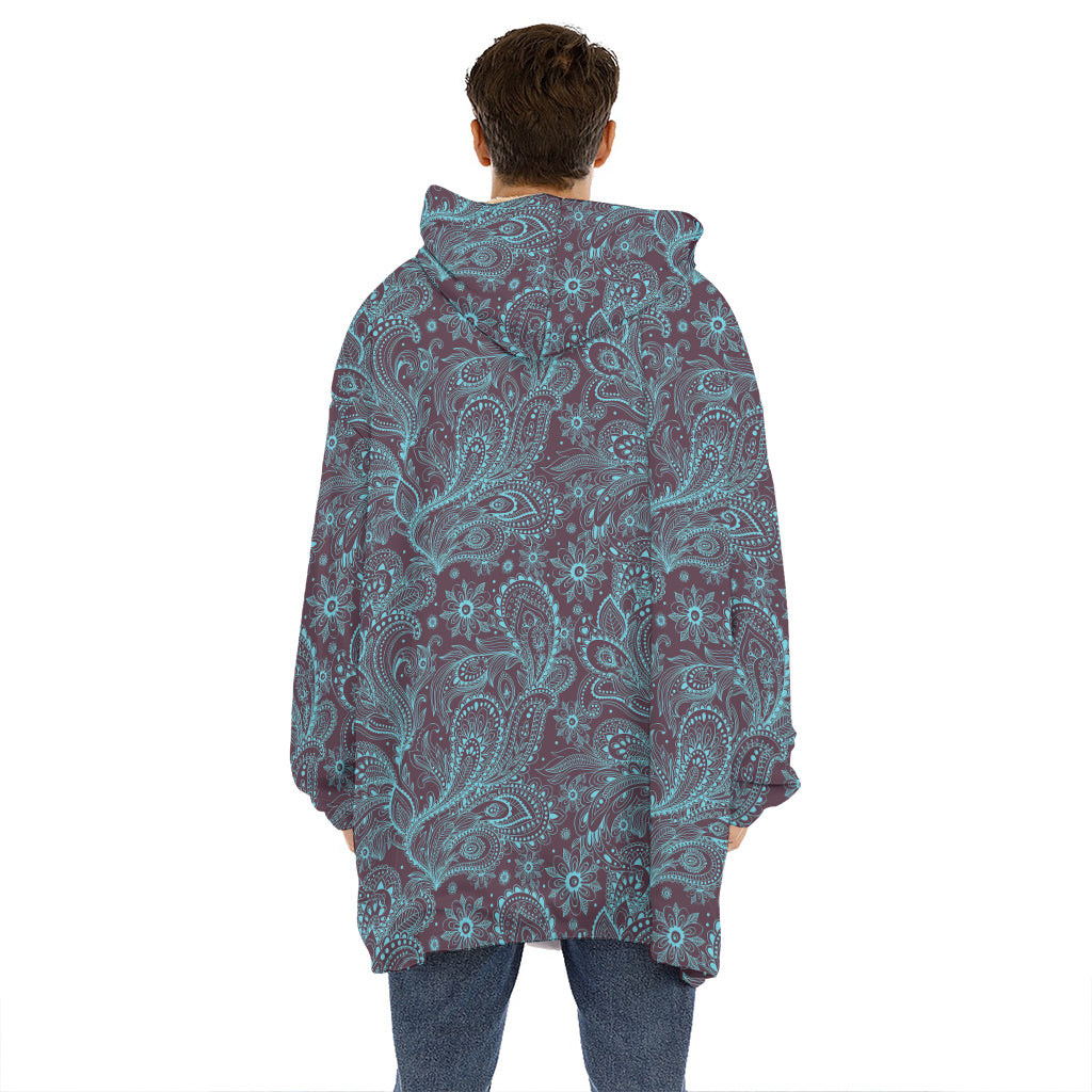Turquoise Paisley Pattern Print Hoodie Blanket
