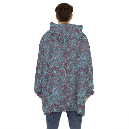 Turquoise Paisley Pattern Print Hoodie Blanket