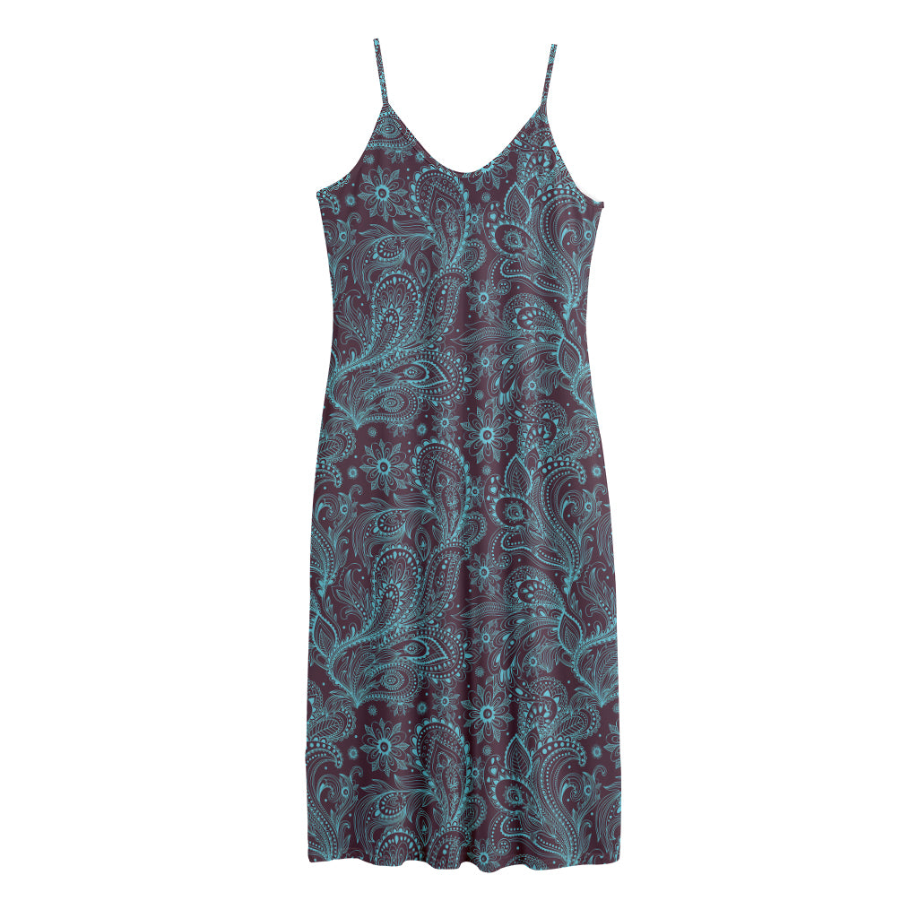 Turquoise Paisley Pattern Print Jersey Midi Cami Dress