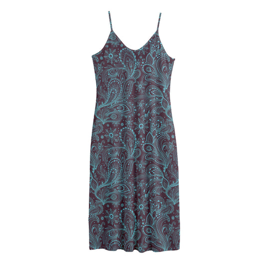 Turquoise Paisley Pattern Print Jersey Midi Cami Dress