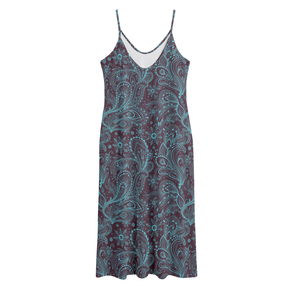 Turquoise Paisley Pattern Print Jersey Midi Cami Dress