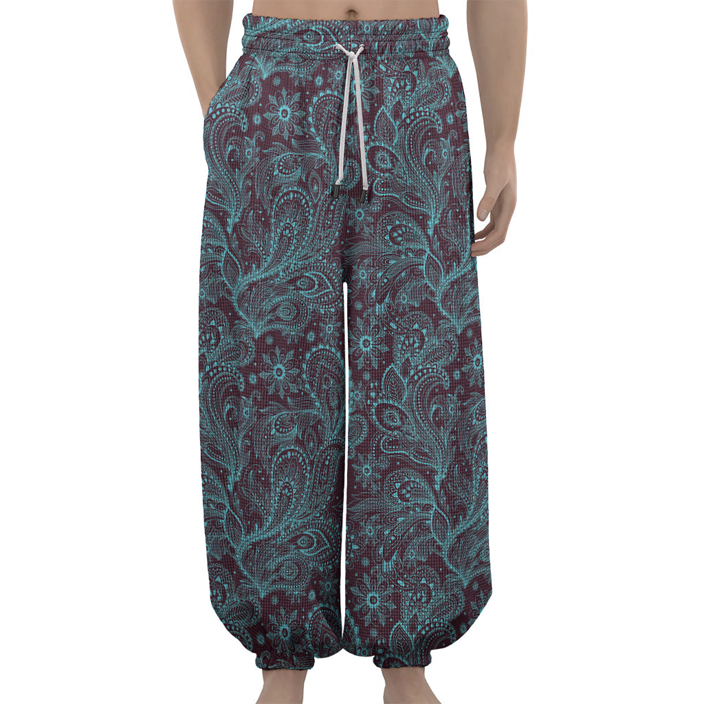 Turquoise Paisley Pattern Print Lantern Pants