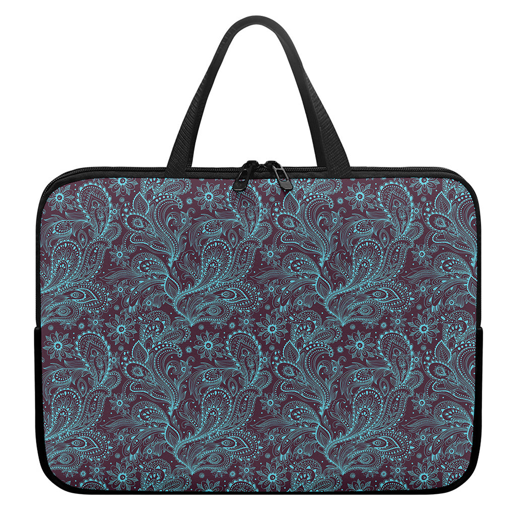 Turquoise Paisley Pattern Print Laptop Sleeve With Handle
