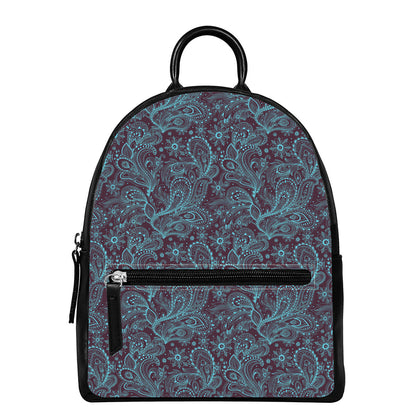 Turquoise Paisley Pattern Print Leather Backpack
