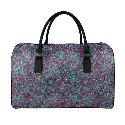 Turquoise Paisley Pattern Print Leather Duffle Bag
