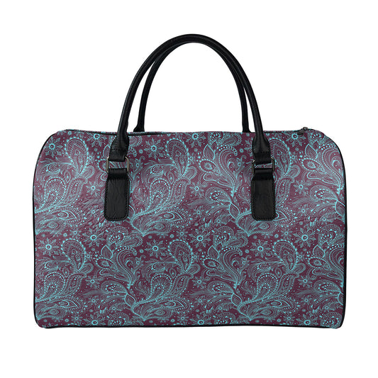 Turquoise Paisley Pattern Print Leather Duffle Bag
