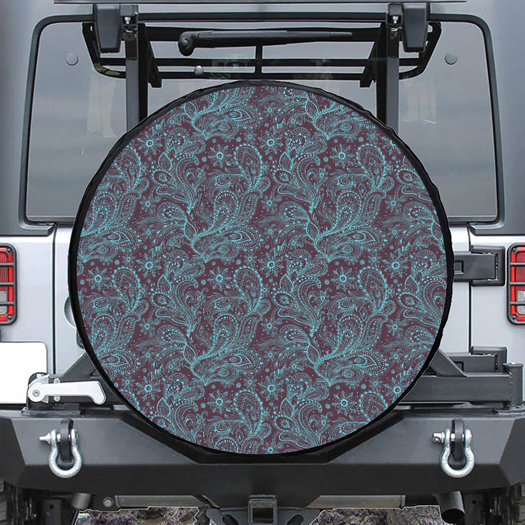 Turquoise Paisley Pattern Print Leather Spare Tire Cover