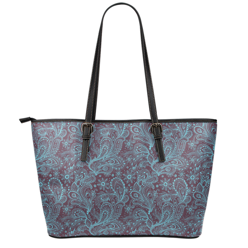 Turquoise Paisley Pattern Print Leather Tote Bag