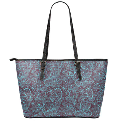 Turquoise Paisley Pattern Print Leather Tote Bag