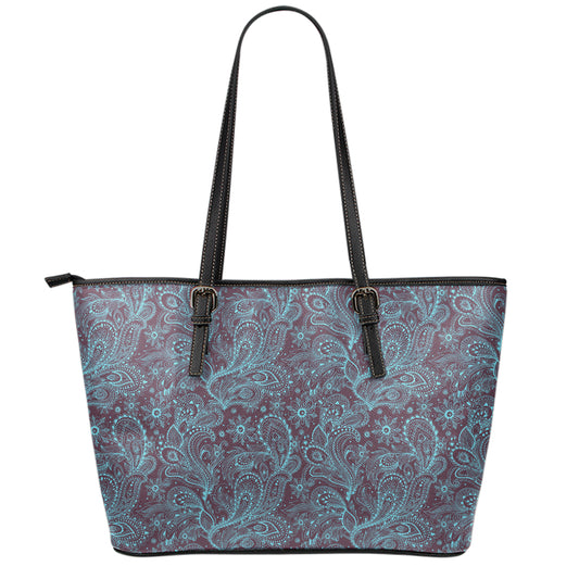 Turquoise Paisley Pattern Print Leather Tote Bag