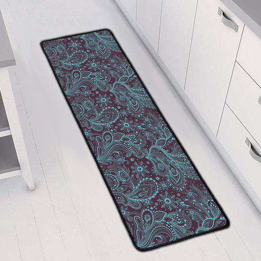 Turquoise Paisley Pattern Print Long Kitchen Mat