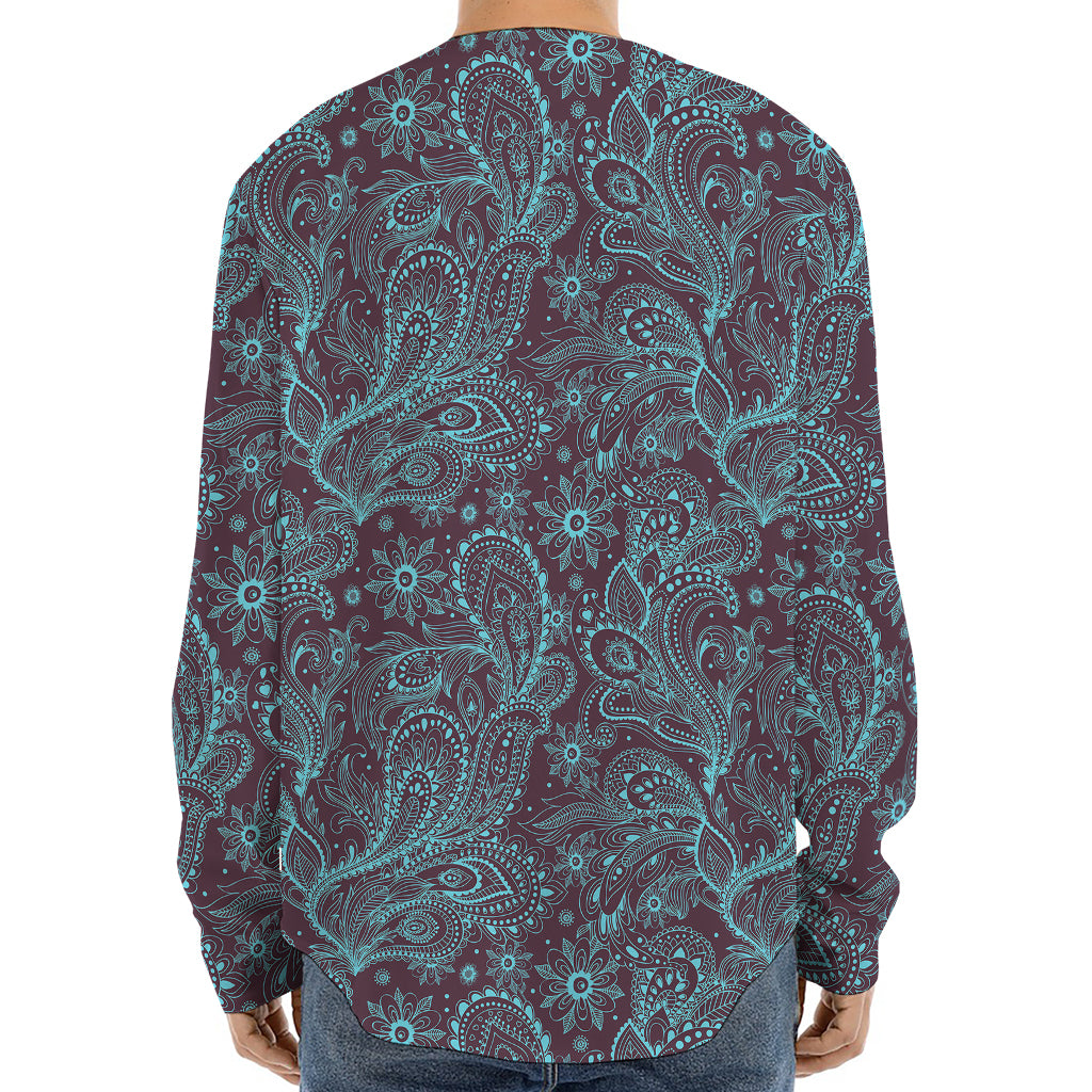 Turquoise Paisley Pattern Print Long Sleeve Baseball Jersey