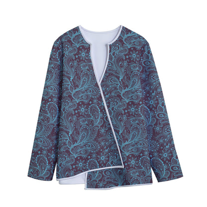 Turquoise Paisley Pattern Print Long Sleeve Short Coat