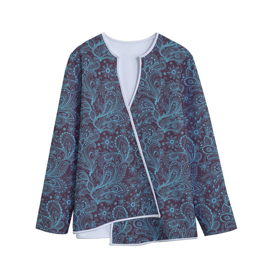 Turquoise Paisley Pattern Print Long Sleeve Short Coat
