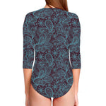 Turquoise Paisley Pattern Print Long Sleeve Swimsuit