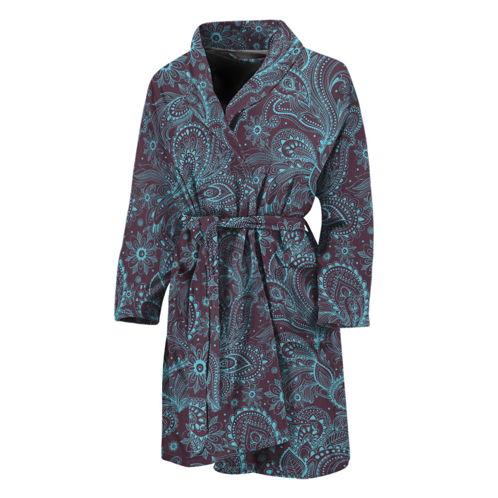 Turquoise Paisley Pattern Print Men's Bathrobe