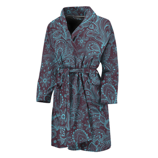 Turquoise Paisley Pattern Print Men's Bathrobe