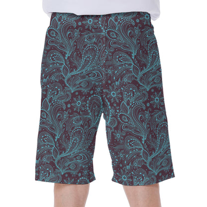 Turquoise Paisley Pattern Print Men's Beach Shorts