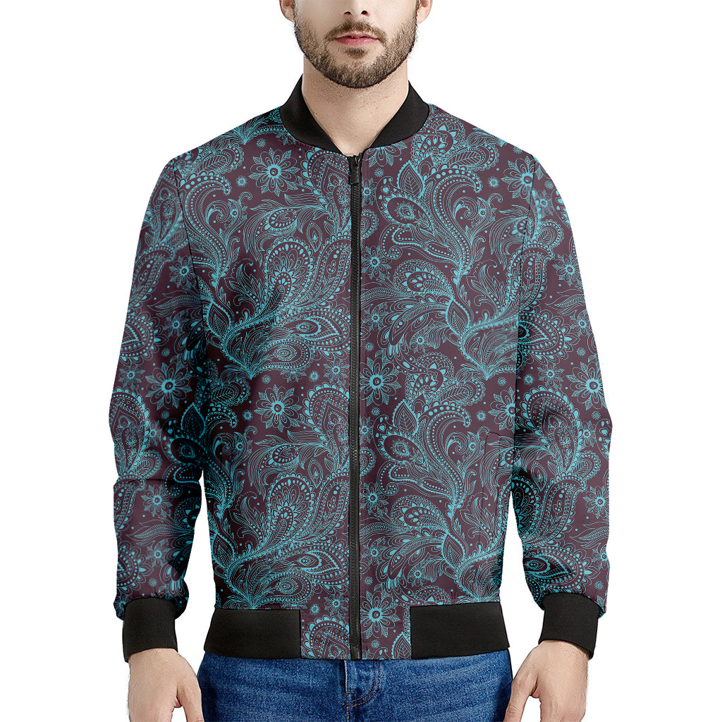Turquoise Paisley Pattern Print Men's Bomber Jacket